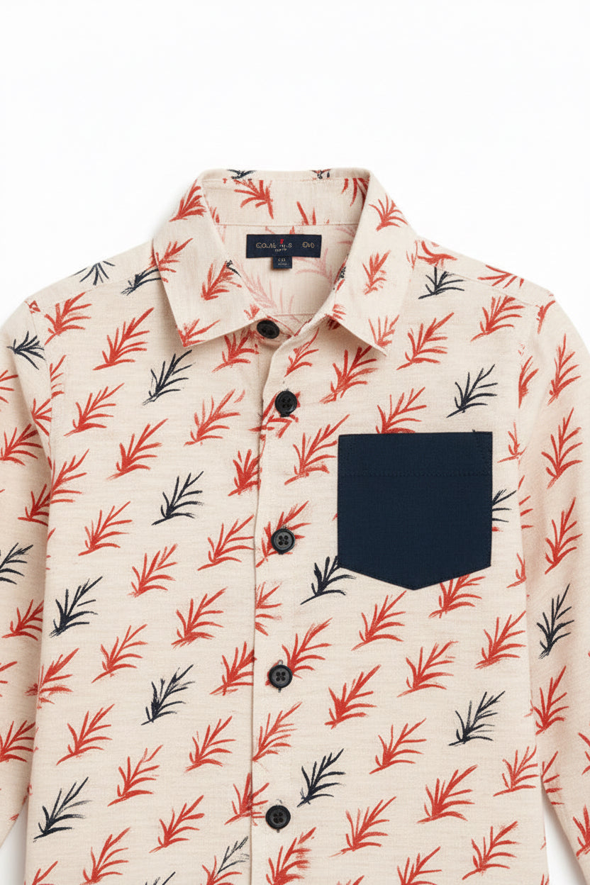 Boys Cream Coral & Navy Leaf Print Long Sleeve Shirt | Contrast Navy Chest Pocket | Ages 3–14 Years | MH