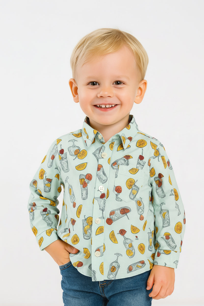 Boys Tropical Refreshment Print Cotton Shirt | Mint Green Fruit Drink Print | Long Sleeve | Ages 3–14 Years | MH