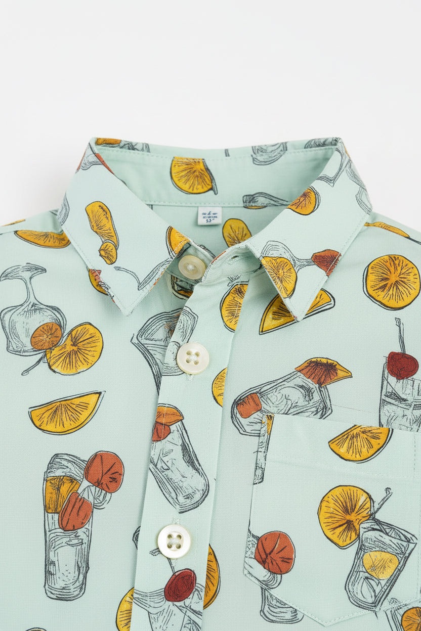 Boys Tropical Refreshment Print Cotton Shirt | Mint Green Fruit Drink Print | Long Sleeve | Ages 3–14 Years | MH