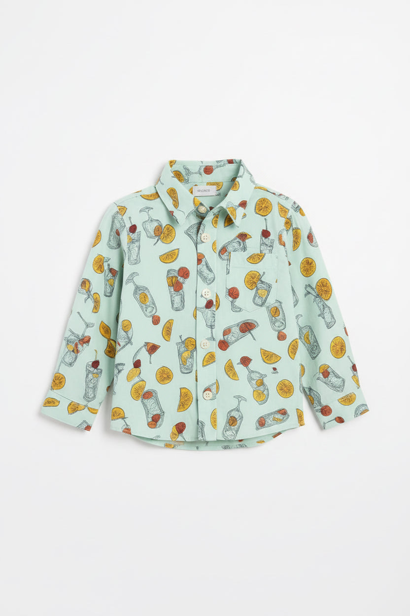 Boys Tropical Refreshment Print Cotton Shirt | Mint Green Fruit Drink Print | Long Sleeve | Ages 3–14 Years | MH