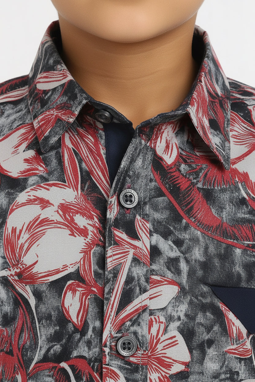Boys' Charcoal Gray Floral Print Cotton Shirt / MH