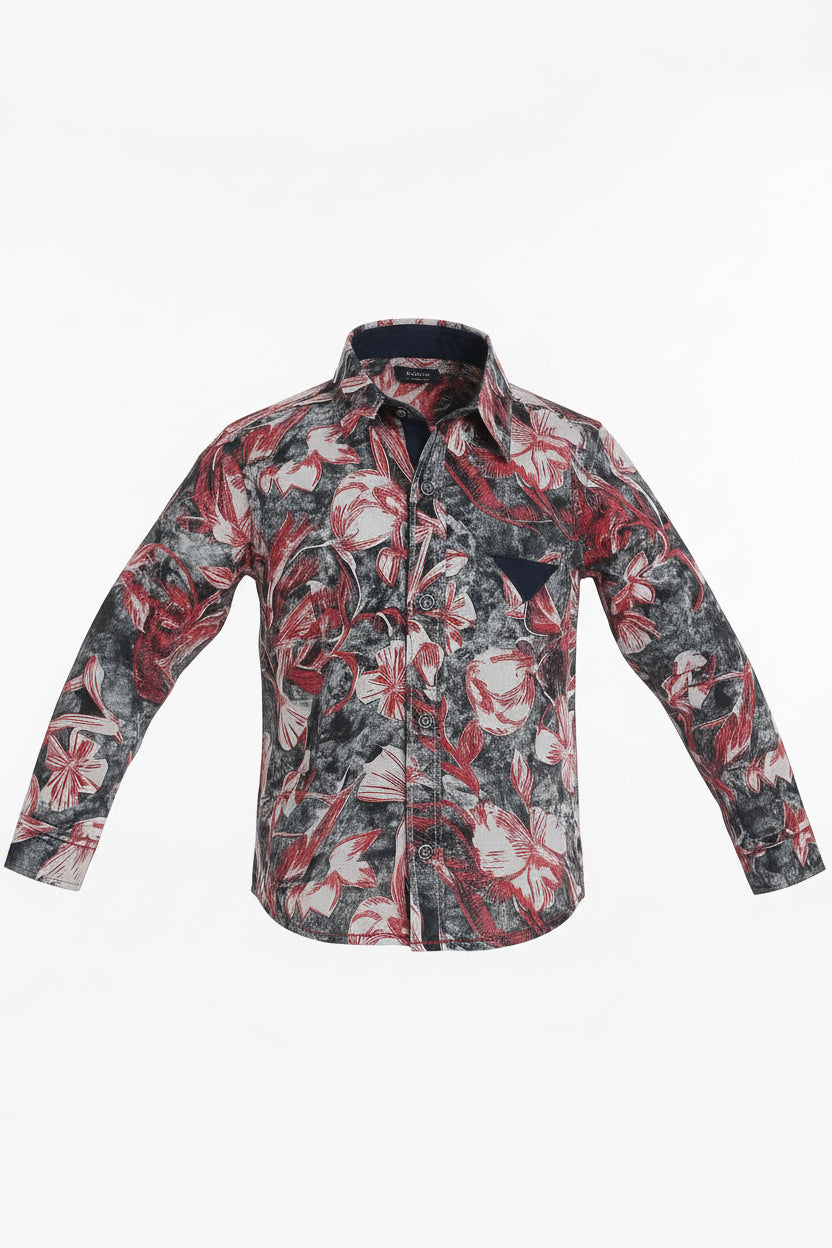 Boys' Charcoal Gray Floral Print Cotton Shirt / MH