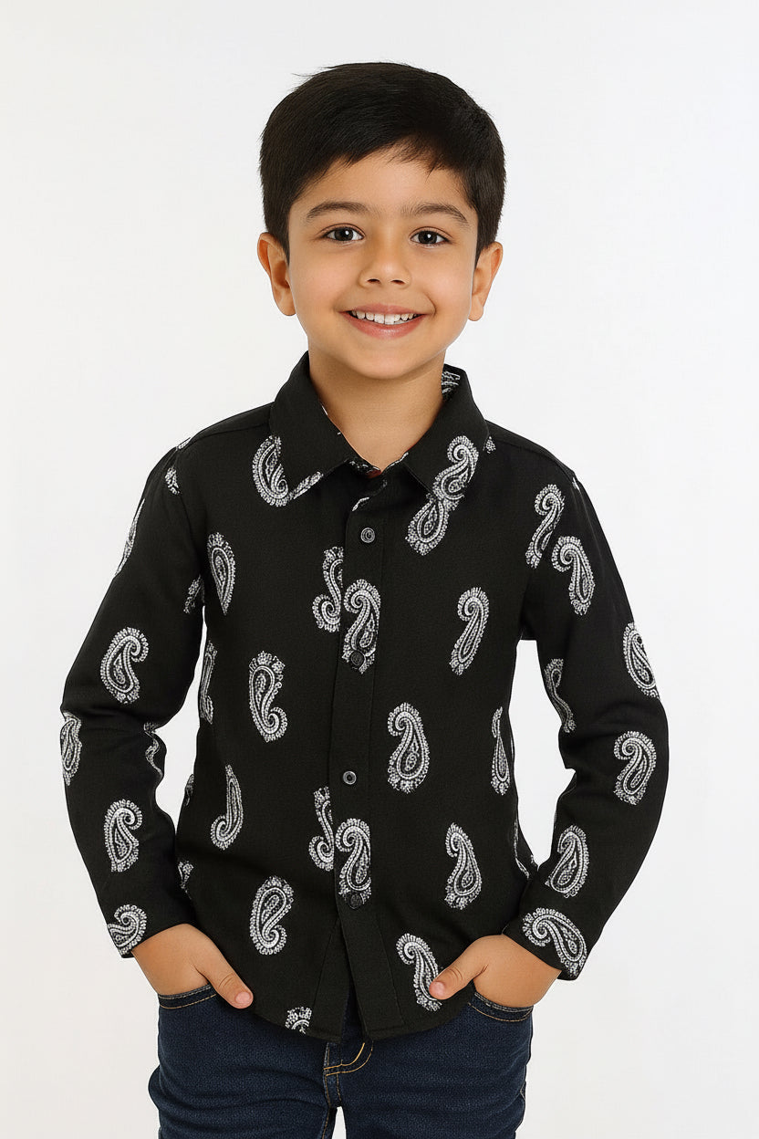 Boys Black & White Paisley Print Long Sleeve Shirt | Bold Bandana Pattern Smart Casual Street Style | Ages 3–14 Years | MH
