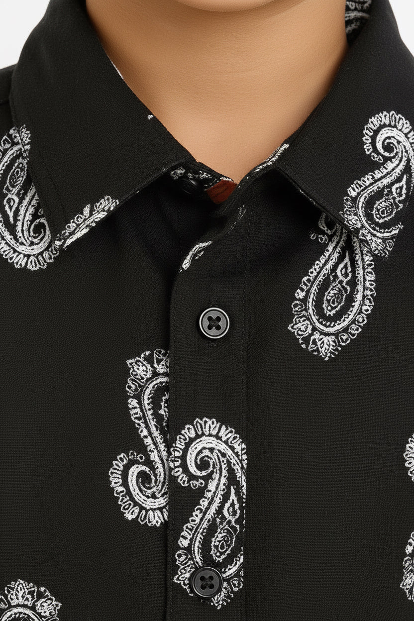 Boys Black & White Paisley Print Long Sleeve Shirt | Bold Bandana Pattern Smart Casual Street Style | Ages 3–14 Years | MH