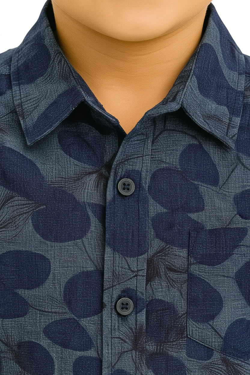 Boys Midnight Navy Leaf Print Cotton Shirt | Dark Blue Abstract Print Long Sleeve | Ages 3–14 Years | MH