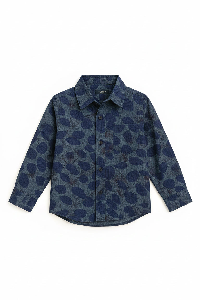 Boys Midnight Navy Leaf Print Cotton Shirt | Dark Blue Abstract Print Long Sleeve | Ages 3–14 Years | MH