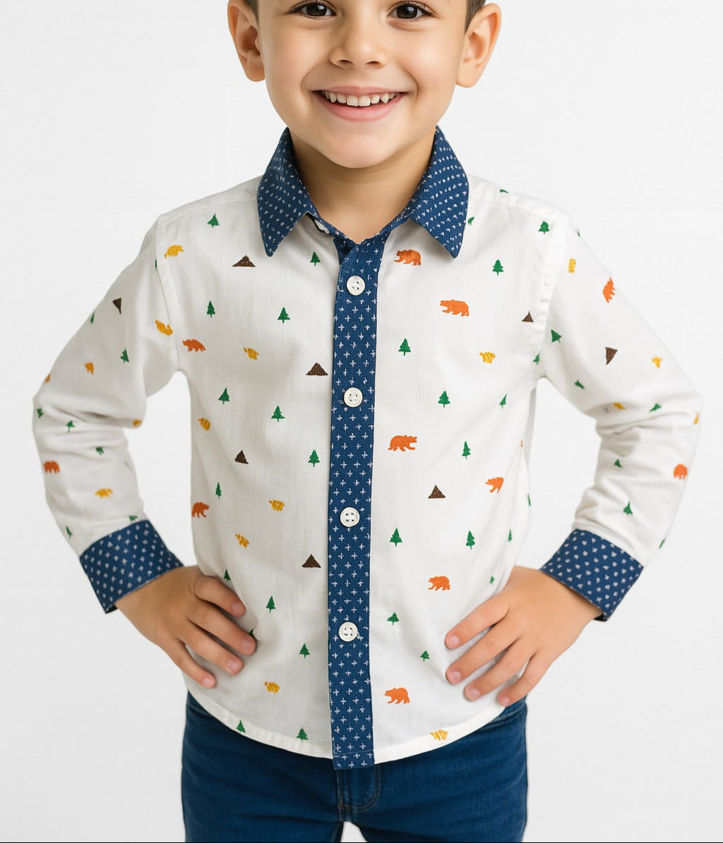 Starlight Safari: Boys’ Navy Forest-Print Button-Down Shirt MH