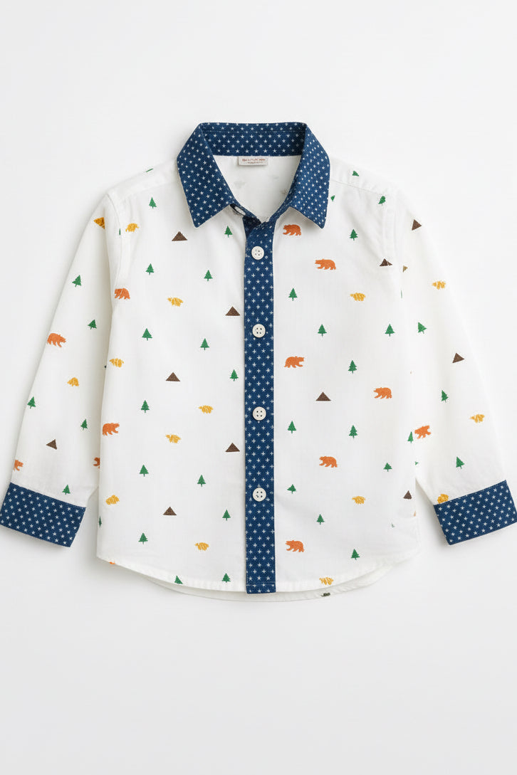Starlight Safari: Boys’ Navy Forest-Print Button-Down Shirt.Sizes(3-14Years) MH