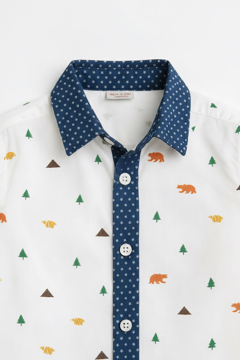 Starlight Safari: Boys’ Navy Forest-Print Button-Down Shirt.Sizes(3-14Years) MH