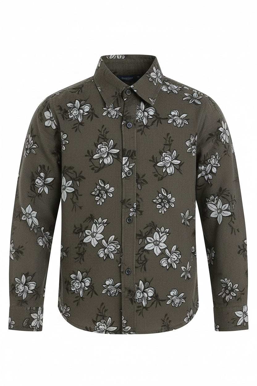 Boys Olive Green Floral Print Long Sleeve Shirt | White Grey Flower Pattern Dark Buttons | Ages 3–14 Years | MH