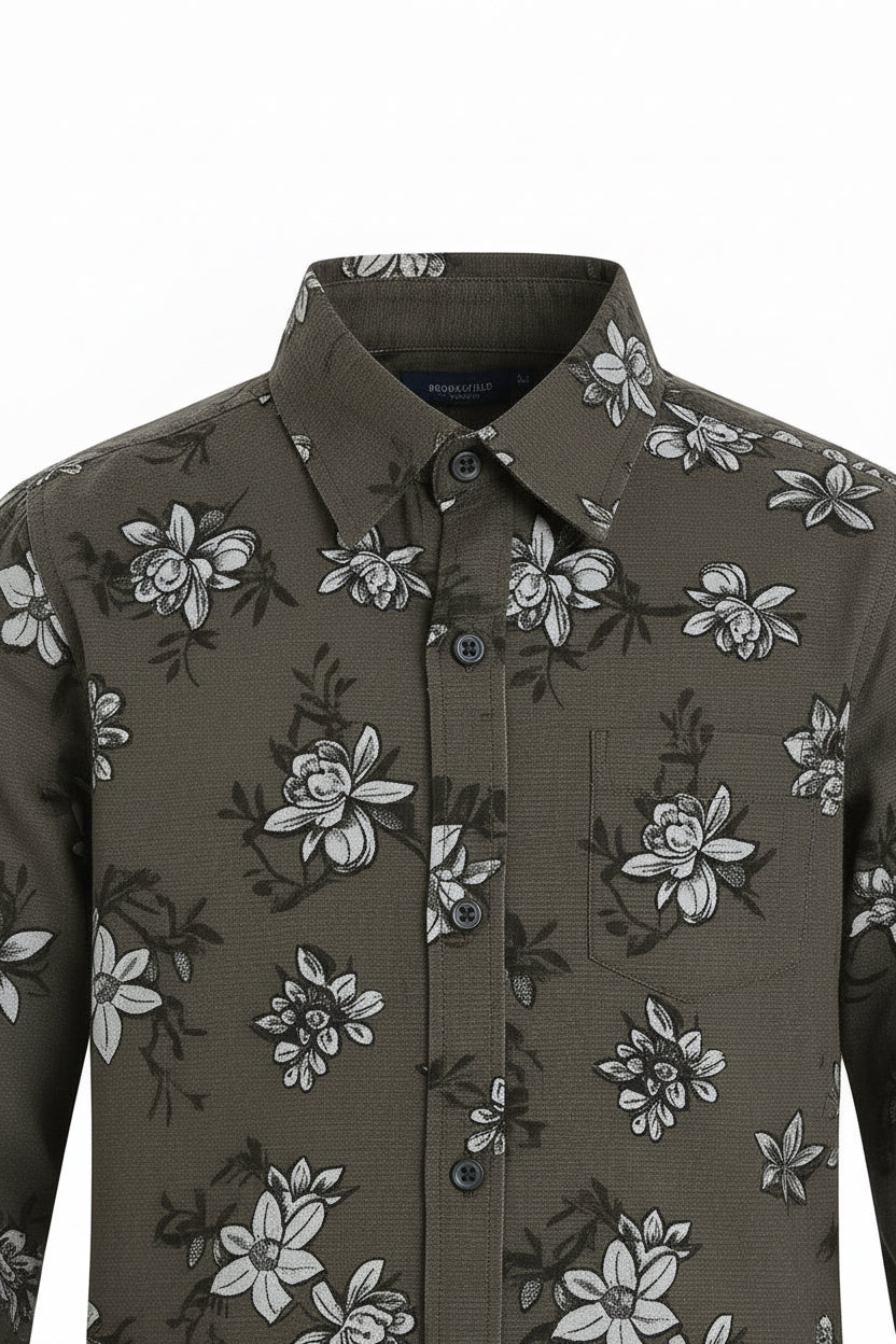 Boys Olive Green Floral Print Long Sleeve Shirt | White Grey Flower Pattern Dark Buttons | Ages 3–14 Years | MH
