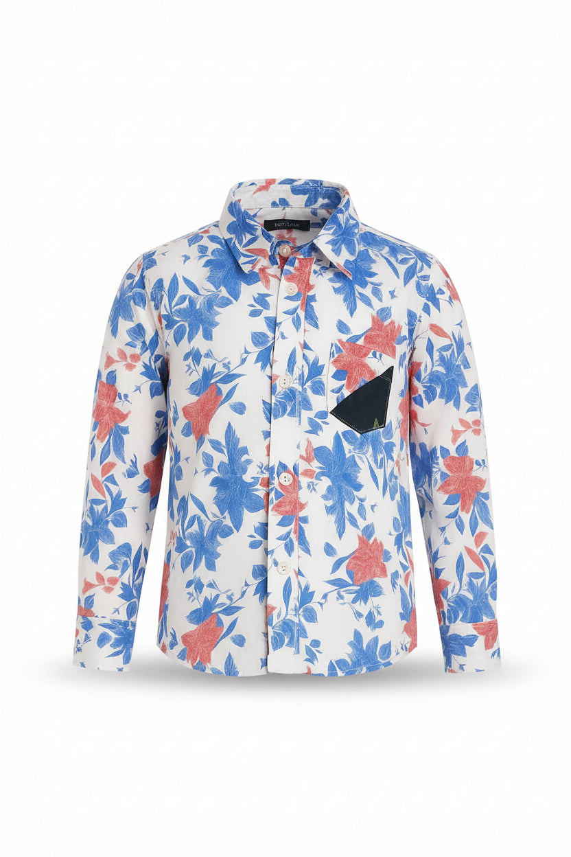 Boys White Blue & Coral Tropical Floral Print Long Sleeve Shirt | Navy Contrast Pocket | Ages 3–14 Years | MH