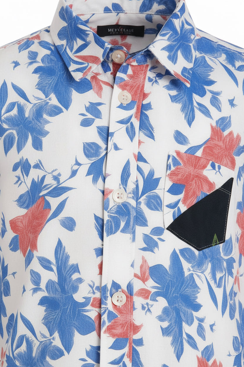 Boys White Blue & Coral Tropical Floral Print Long Sleeve Shirt | Navy Contrast Pocket | Ages 3–14 Years | MH