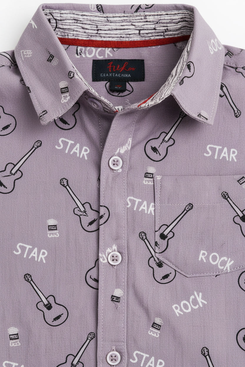 Boys Grey Guitar & Rock Star Print Cotton Shirt | Long Sleeve | Smart Casual | Ages 3–14 Years | MH