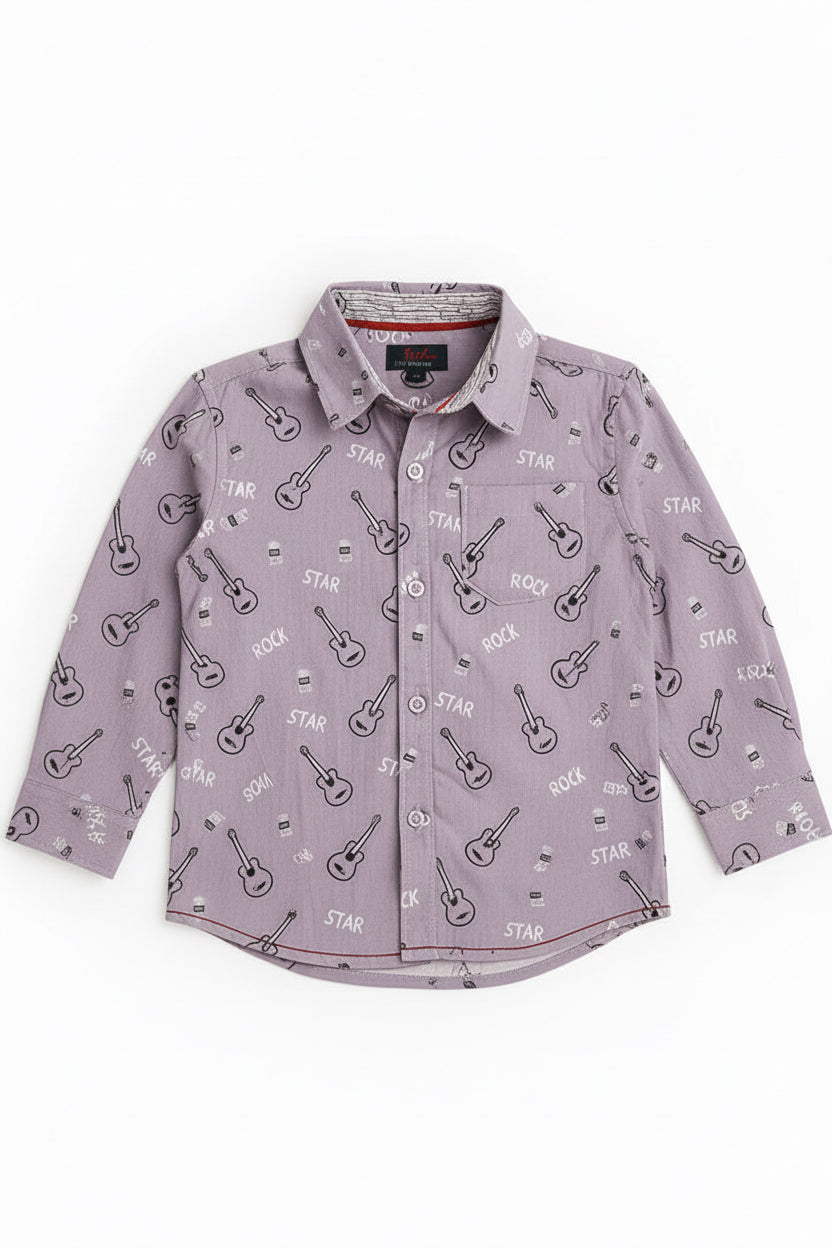 Boys Grey Guitar & Rock Star Print Cotton Shirt | Long Sleeve | Smart Casual | Ages 3–14 Years | MH