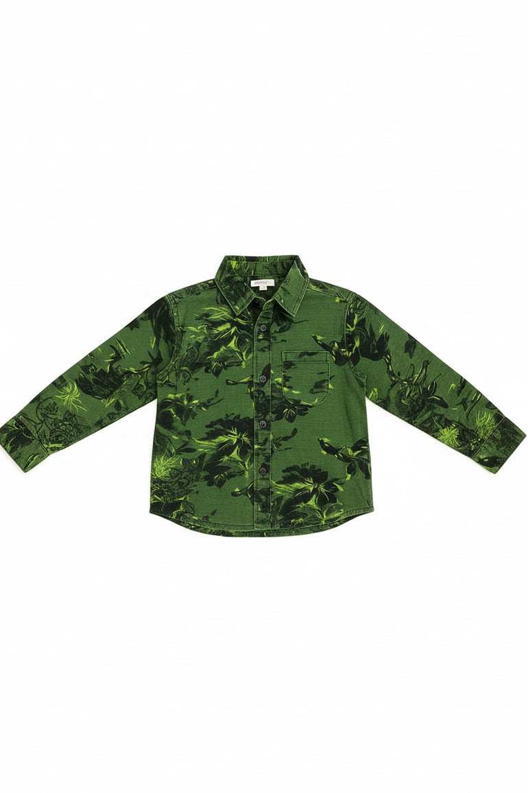 Boys Olive Green Camo Tropical Shadow Print Long Sleeve Shirt | Chest Pocket Dark Buttons Casual | Ages 3–14 Years | MH