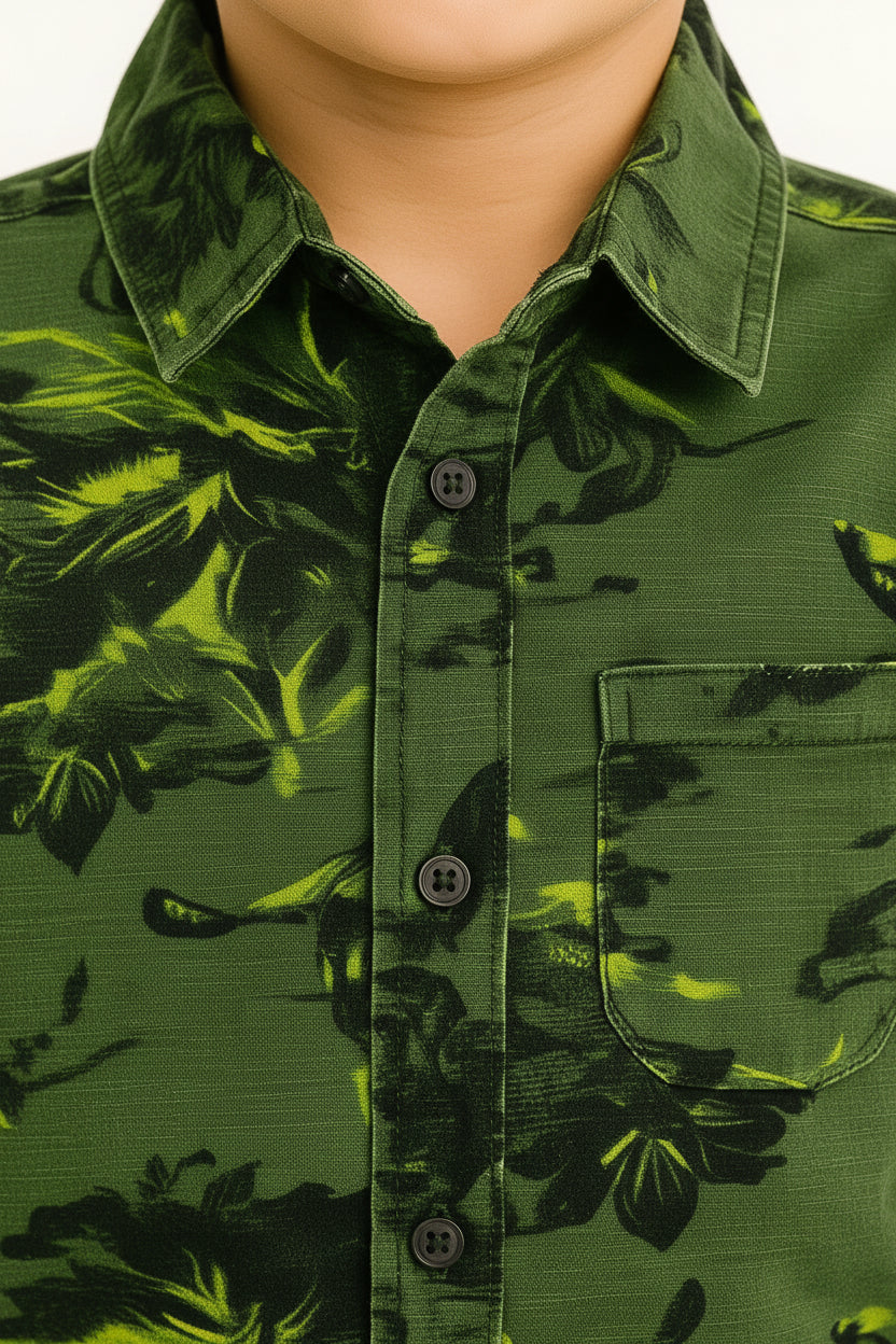 Boys Olive Green Camo Tropical Shadow Print Long Sleeve Shirt | Chest Pocket Dark Buttons Casual | Ages 3–14 Years | MH