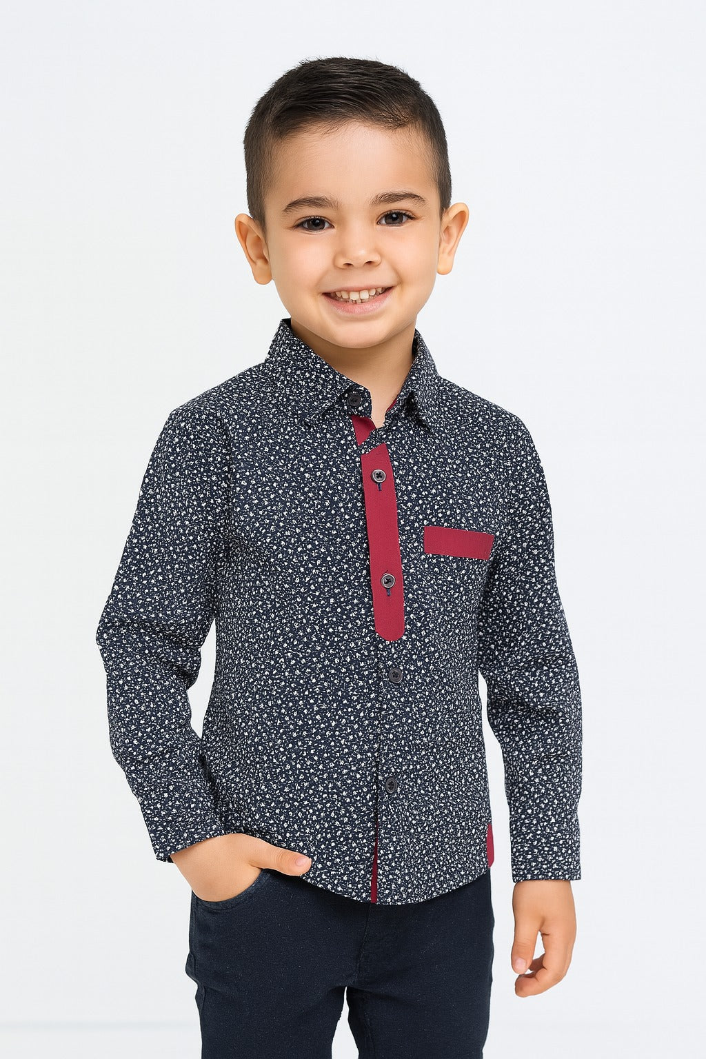 "Boys' Navy Blue Cotton Shirt with Maroon Accents and Micro Floral Print /MH