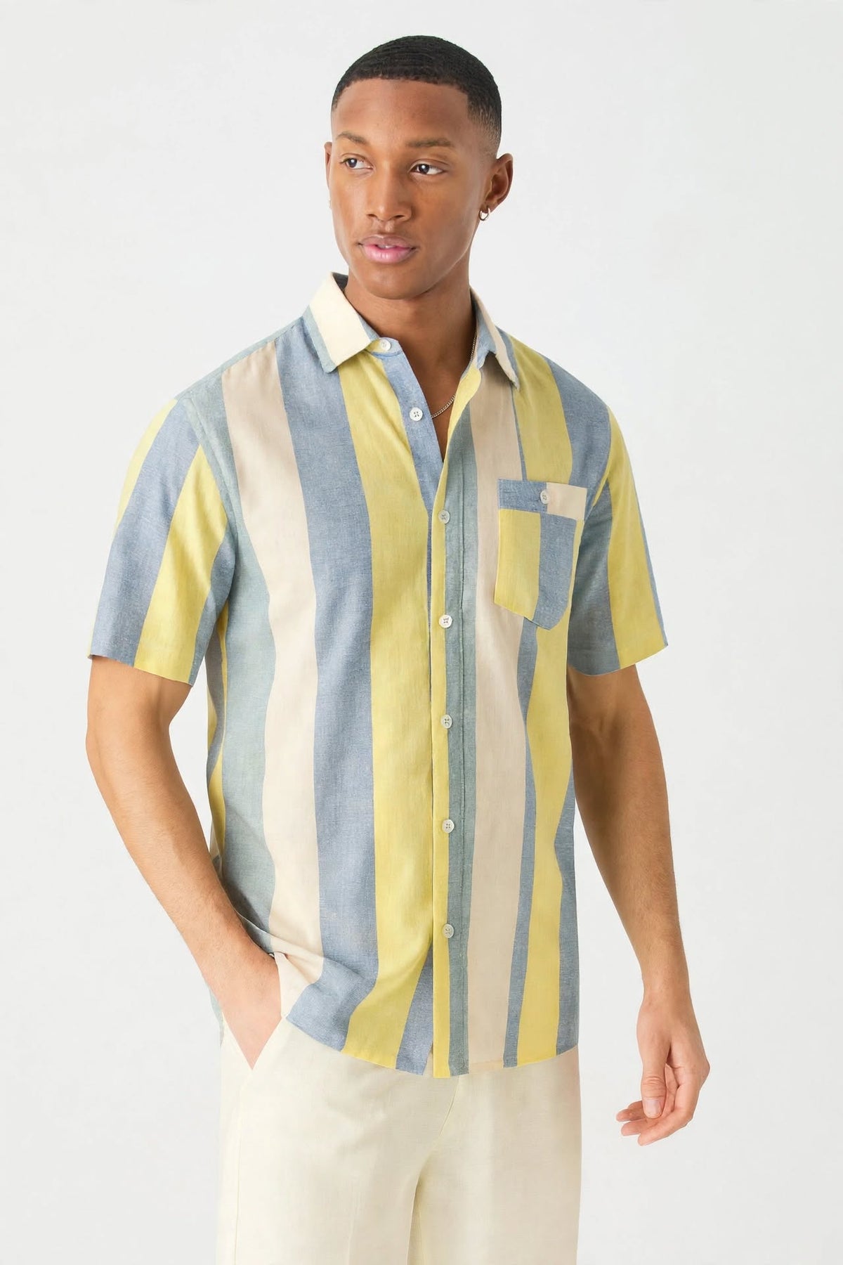Men’s Yellow Blue & Cream Bold Stripe Short Sleeve Shirt | Contrast Chest Pocket Relaxed Fit | Casual Summer | Sizes S–XL | MH
