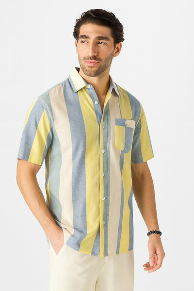 Men’s Yellow Blue & Cream Bold Stripe Short Sleeve Shirt | Contrast Chest Pocket Relaxed Fit | Casual Summer | Sizes S–XL | MH