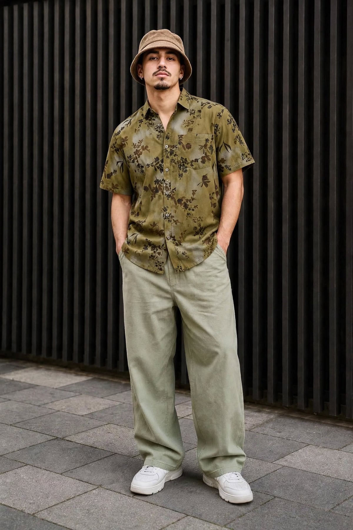 Men’s Olive Green Dark Floral Shadow Print Short Sleeve Shirt | Slim Fit Premium Cotton Smart Casual | Sizes S–XL | MH