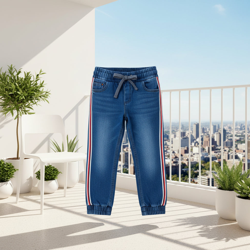 Boys' Denim Side-Stripe Jogger Pants – Soft Cotton Stretch Jeans (1–12 Years) I MH