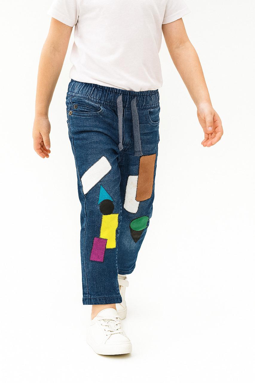 "Boys’ Blue Denim Joggers with Colorful Geometric Patchwork Design/MH