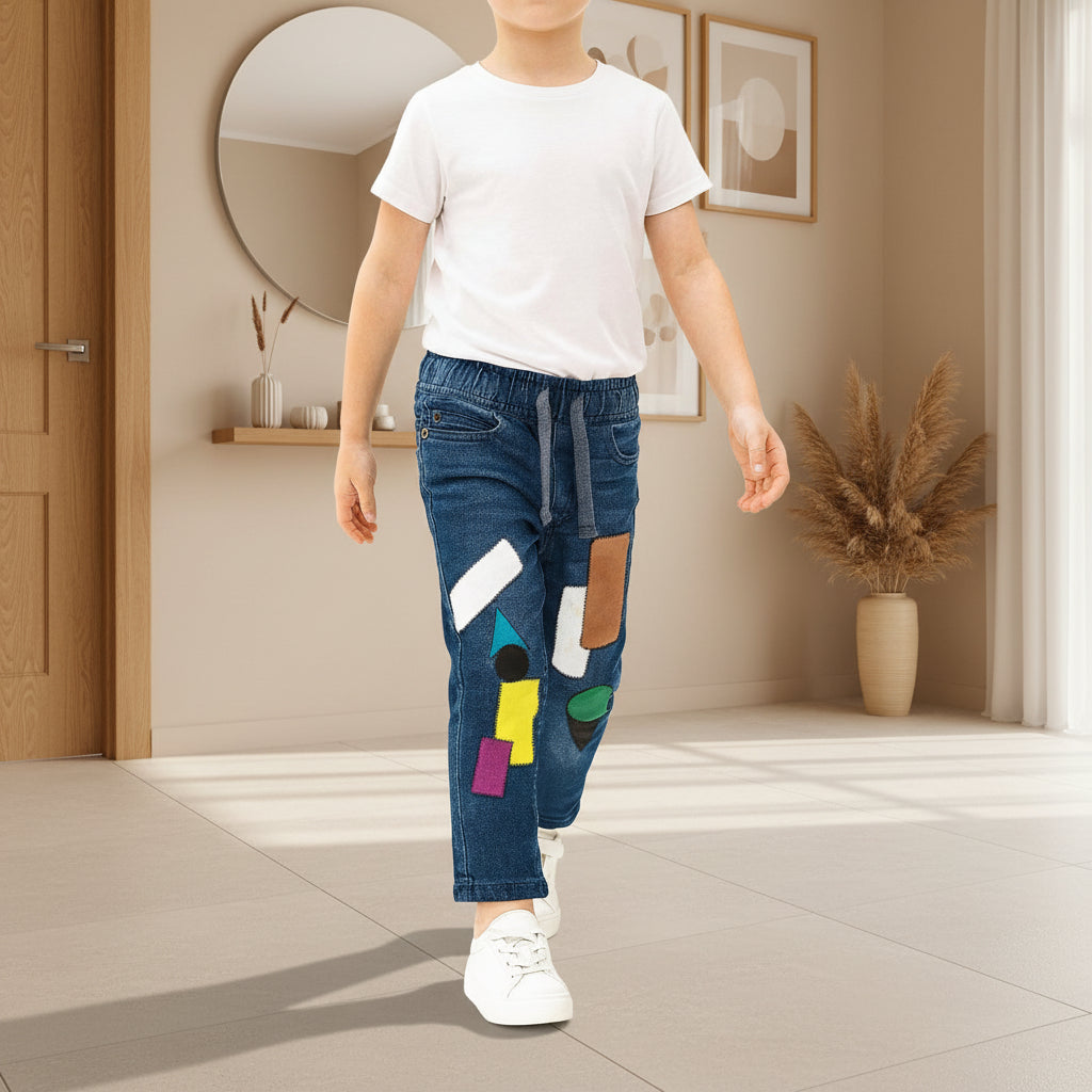 "Boys’ Blue Denim Joggers with Colorful Geometric Patchwork Design, Sizes (1-12Years) | MH
