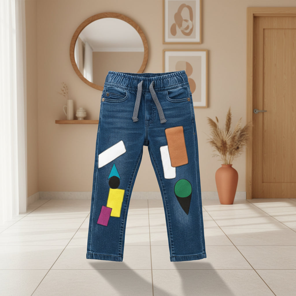 "Boys’ Blue Denim Joggers with Colorful Geometric Patchwork Design, Sizes (1-12Years) | MH