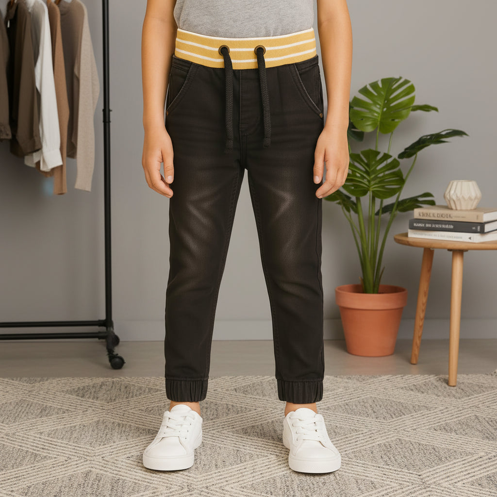 "Boys’ Black Denim Jogger Pants with Yellow-Striped Ribbed Waistband, Sizes(1-12Years) |MH