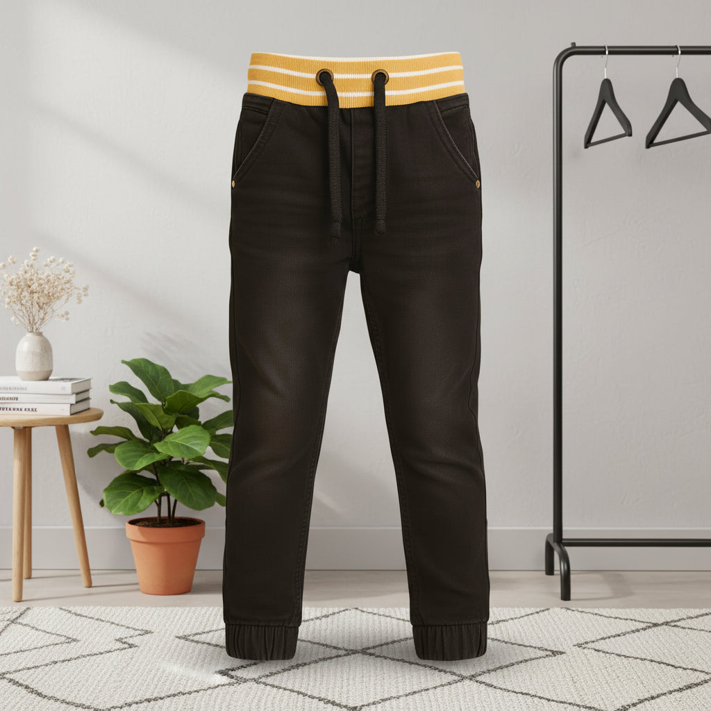 "Boys’ Black Denim Jogger Pants with Yellow-Striped Ribbed Waistband, Sizes(1-12Years) |MH