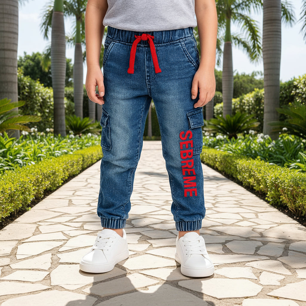 Boys' SEBREME Graphic Denim Cargo Joggers – Active Stretch Utility Jeans (1–12 Years)I MH