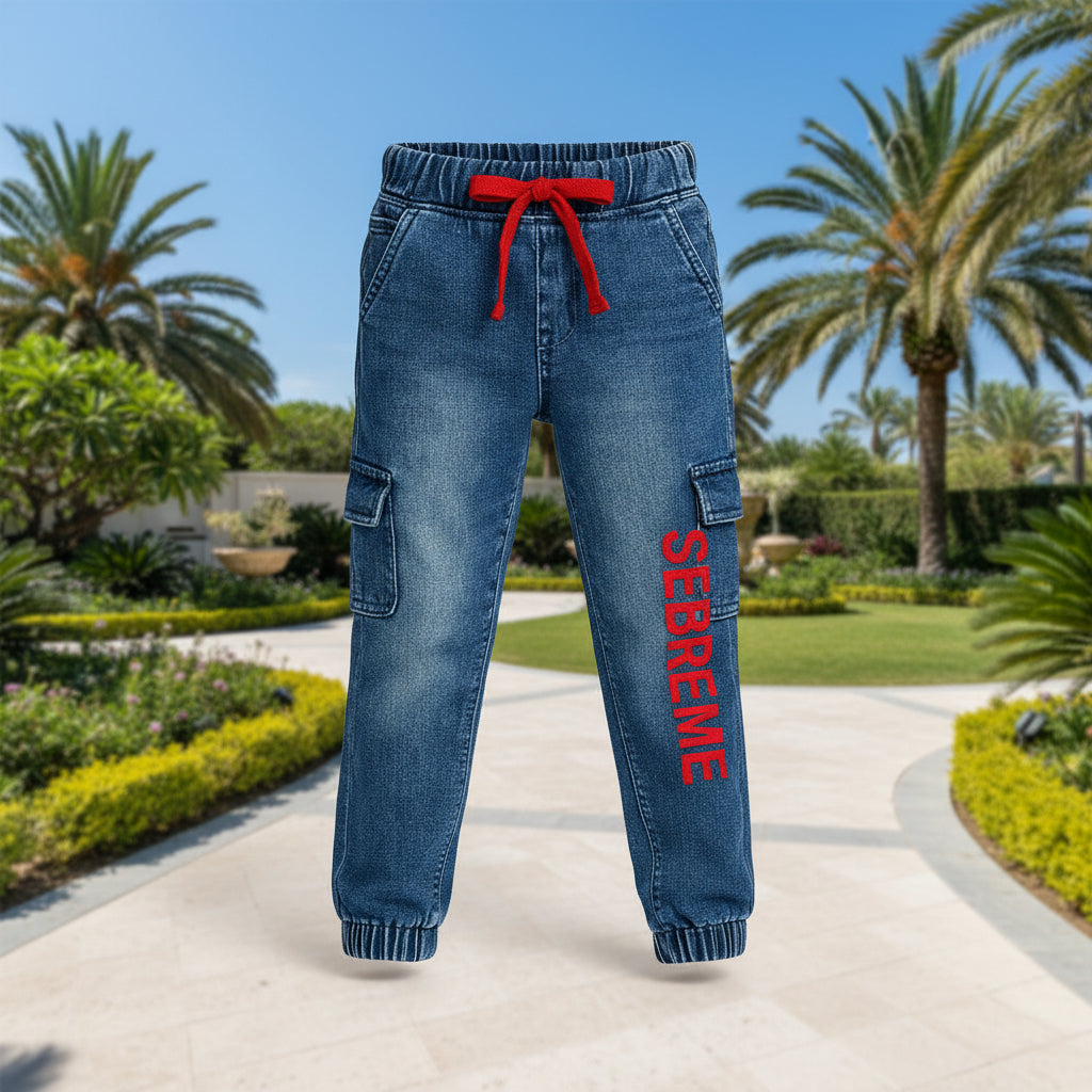 Boys' SEBREME Graphic Denim Cargo Joggers – Active Stretch Utility Jeans (1–12 Years)I MH