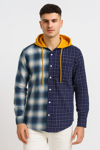 "Men’s Dual-Tone Plaid Shirt with Contrast Yellow Hood – Navy & Blue Check / MH