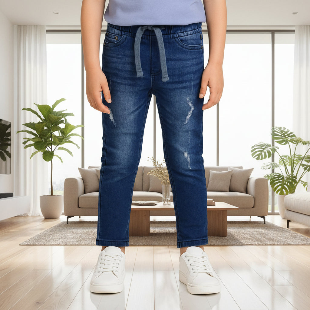 Kids’ Mid-Blue Distressed Denim Jeans – Durable Stretch Fit | 2 Washed | Sizes 1-12 Years | MH