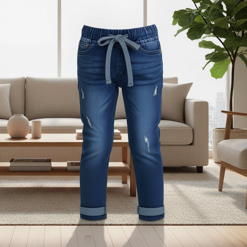 Kids’ Mid-Blue Distressed Denim Jeans – Durable Stretch Fit | 2 Washed | Sizes 1-12 Years | MH