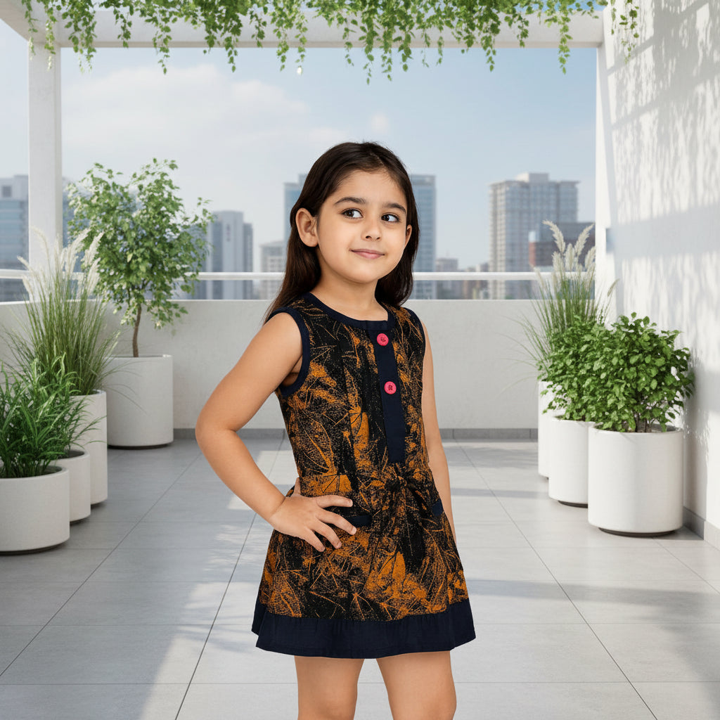 Kid Girl Leafy Print Sleeveless Button Dress | MH