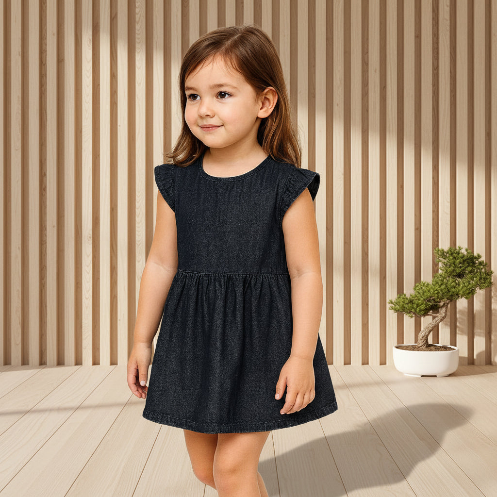 Girls Black & Navy Blue Denim Frill Sleeve Dress | Gathered Skirt Back Zip Smart Casual | Ages 2–12 Years | MH