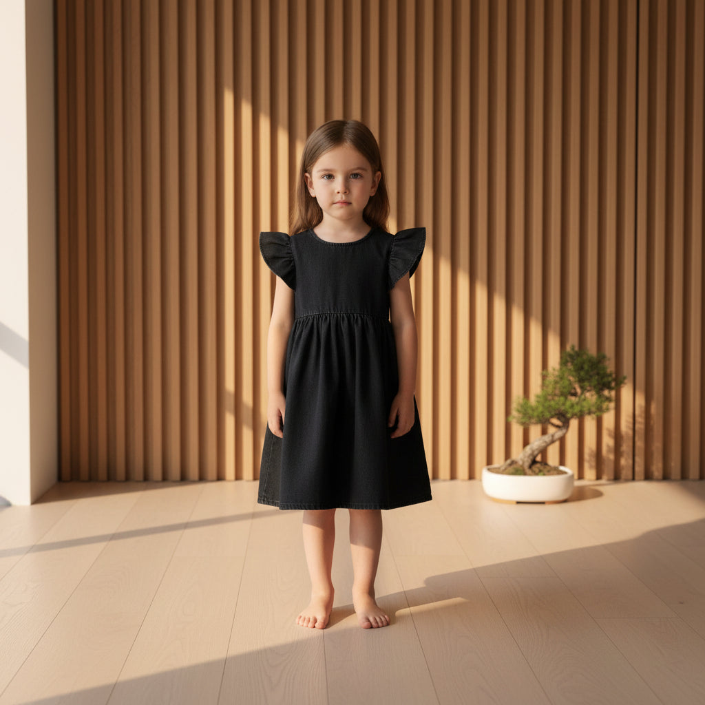 Girls Black & Navy Blue Denim Frill Sleeve Dress | Gathered Skirt Back Zip Smart Casual | Ages 2–12 Years | MH