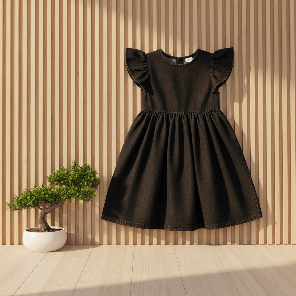 Girls Black & Navy Blue Denim Frill Sleeve Dress | Gathered Skirt Back Zip Smart Casual | Ages 2–12 Years | MH