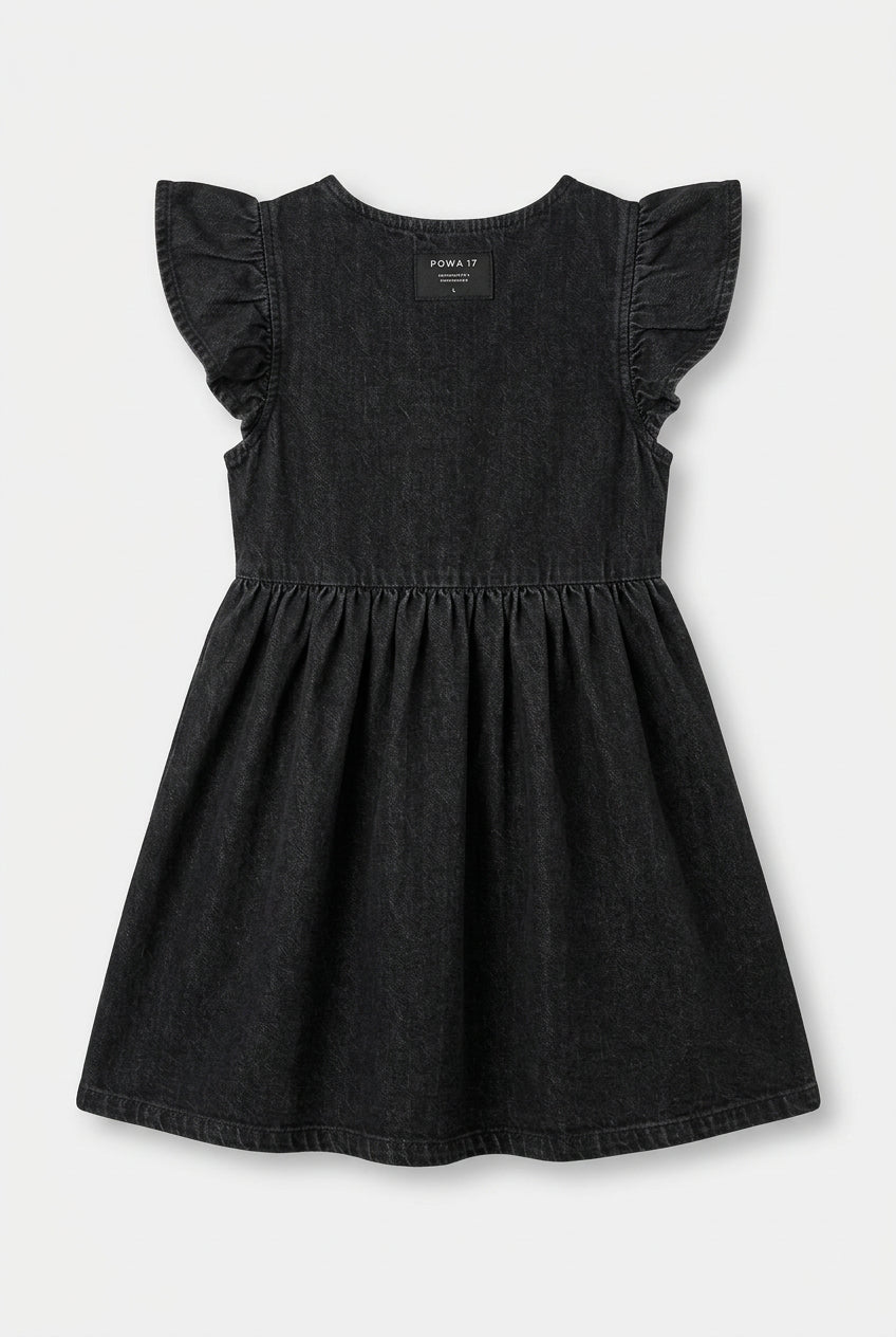 Girls Black & Navy Blue Denim Frill Sleeve Dress | Gathered Skirt Back Zip Smart Casual | Ages 2–12 Years | MH
