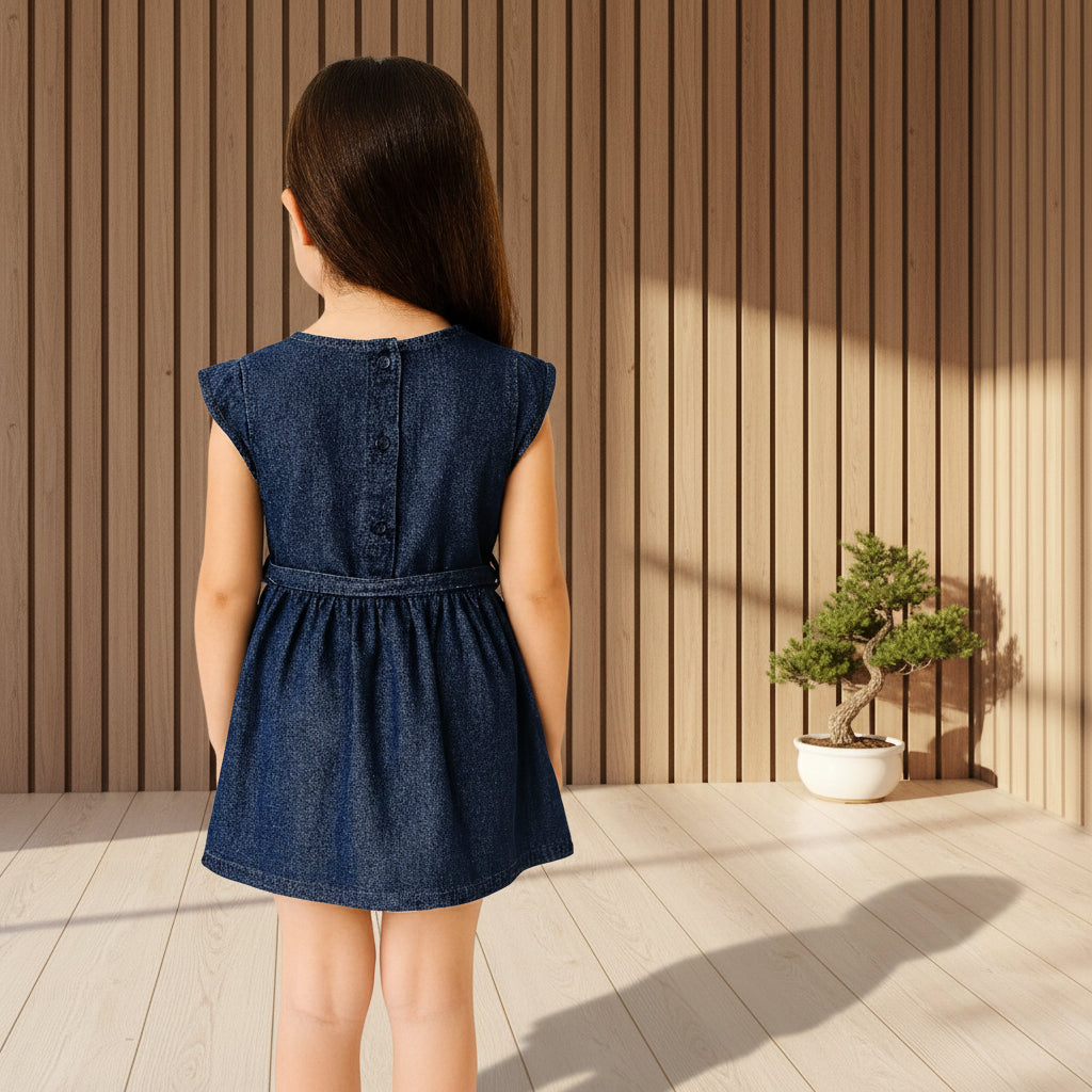 Girls Black & Navy Blue Denim Frill Sleeve Dress | Gathered Skirt Back Zip Smart Casual | Ages 2–12 Years | MH