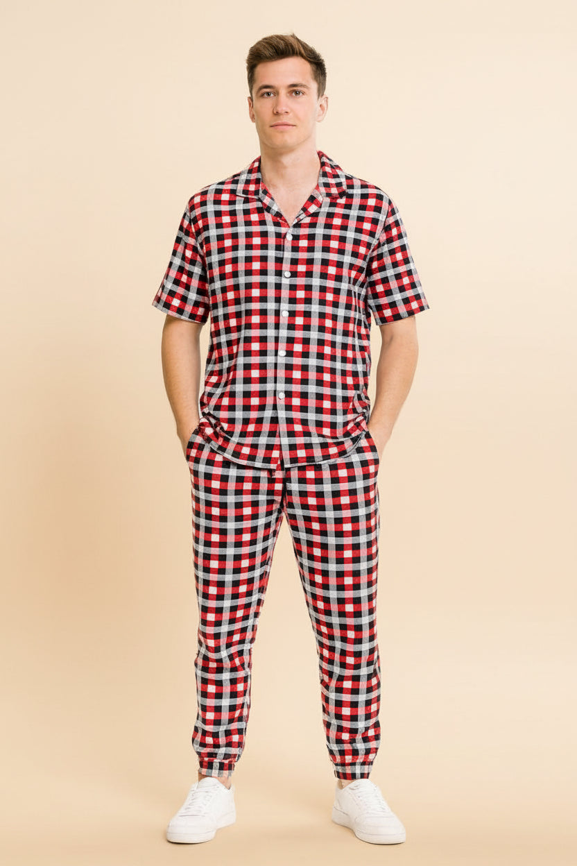 Men's Red, Black, and White Checkered Loungewear Set | Sizes S-XXL | MH
