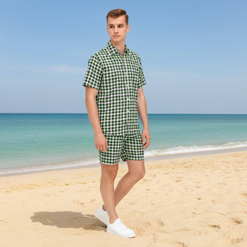 Men's Gingham Check Normal Collar Shirt and Shorts Set | 5 Colors | Sizes S-XXL | MH