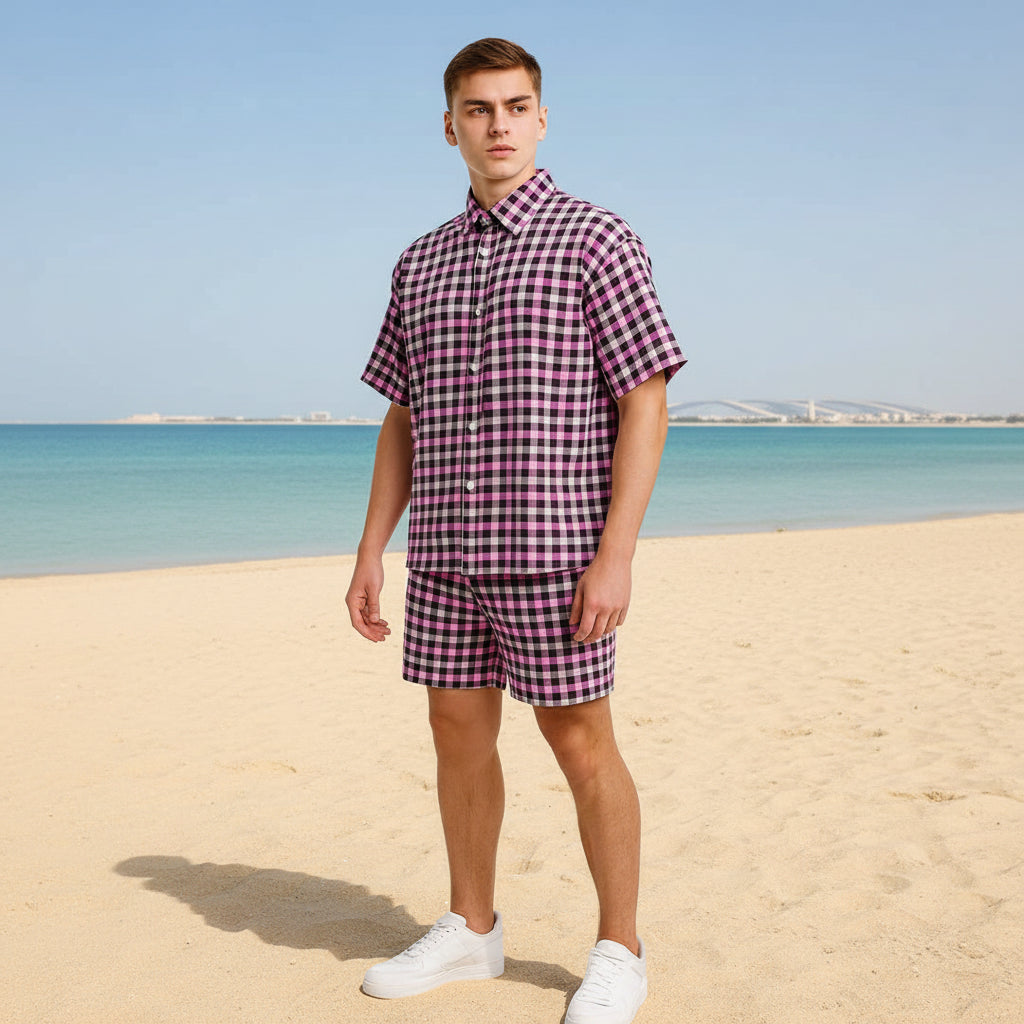Men's Gingham Check Normal Collar Shirt and Shorts Set | 5 Colors | Sizes S-XXL | MH