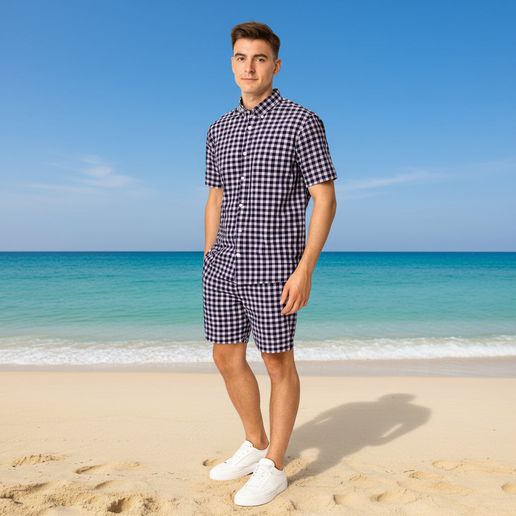 Men's Gingham Check Normal Collar Shirt and Shorts Set | 5 Colors | Sizes S-XXL | MH