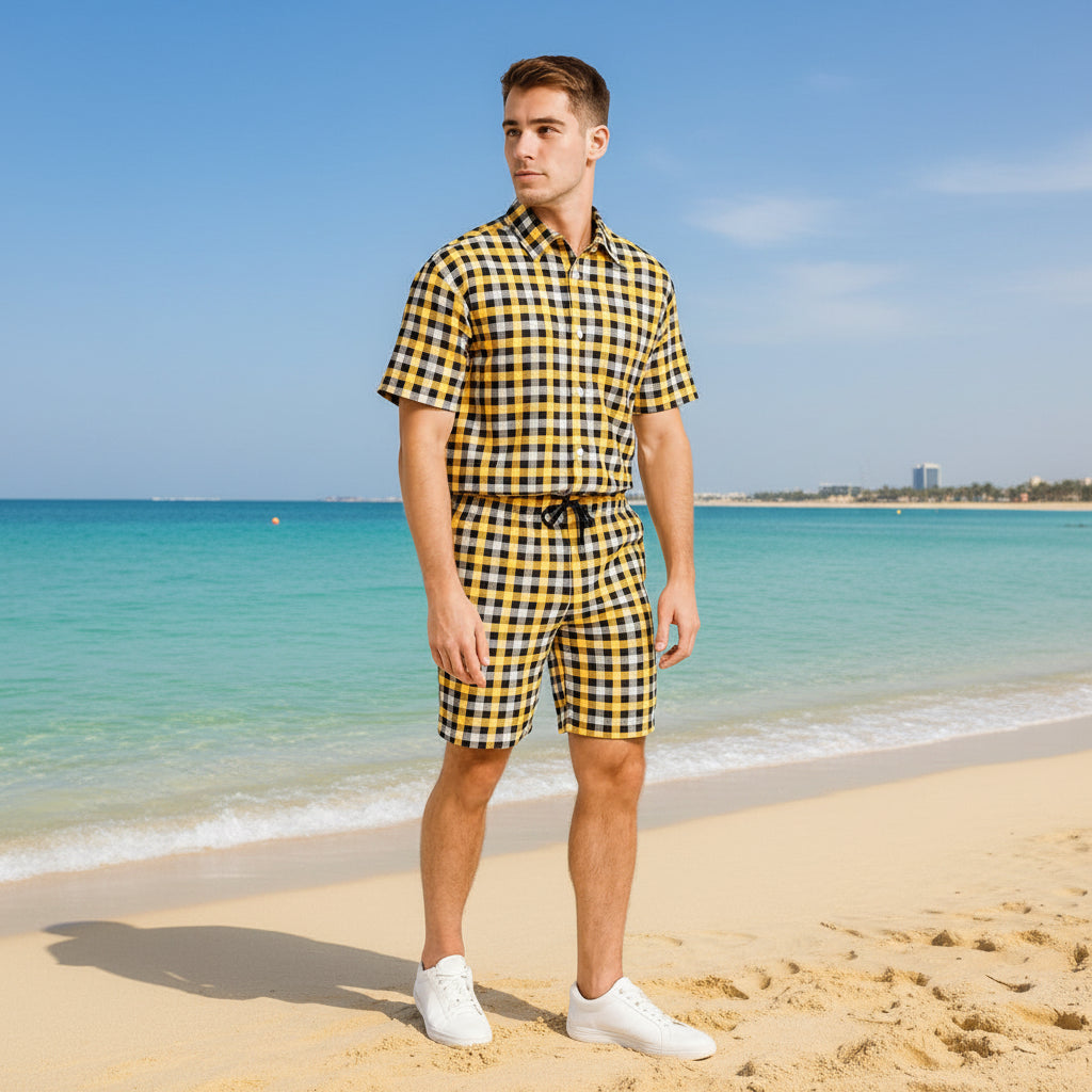 Men's Gingham Check Normal Collar Shirt and Shorts Set | 5 Colors | Sizes S-XXL | MH