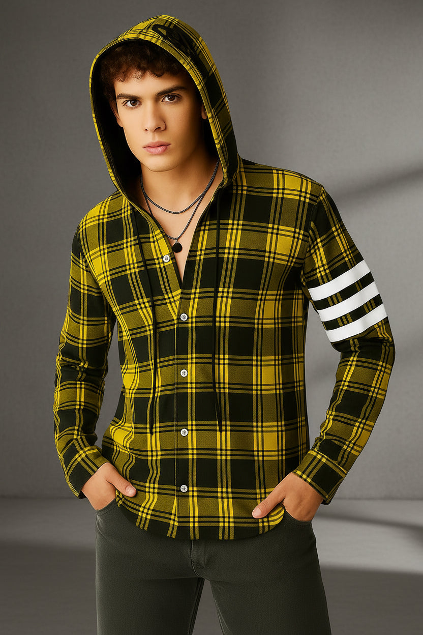 Men’s Hooded Plaid Flannel Shacket | White Stripe Sleeve Detail | Yellow Red & Pink | Sizes S–XXL | MH