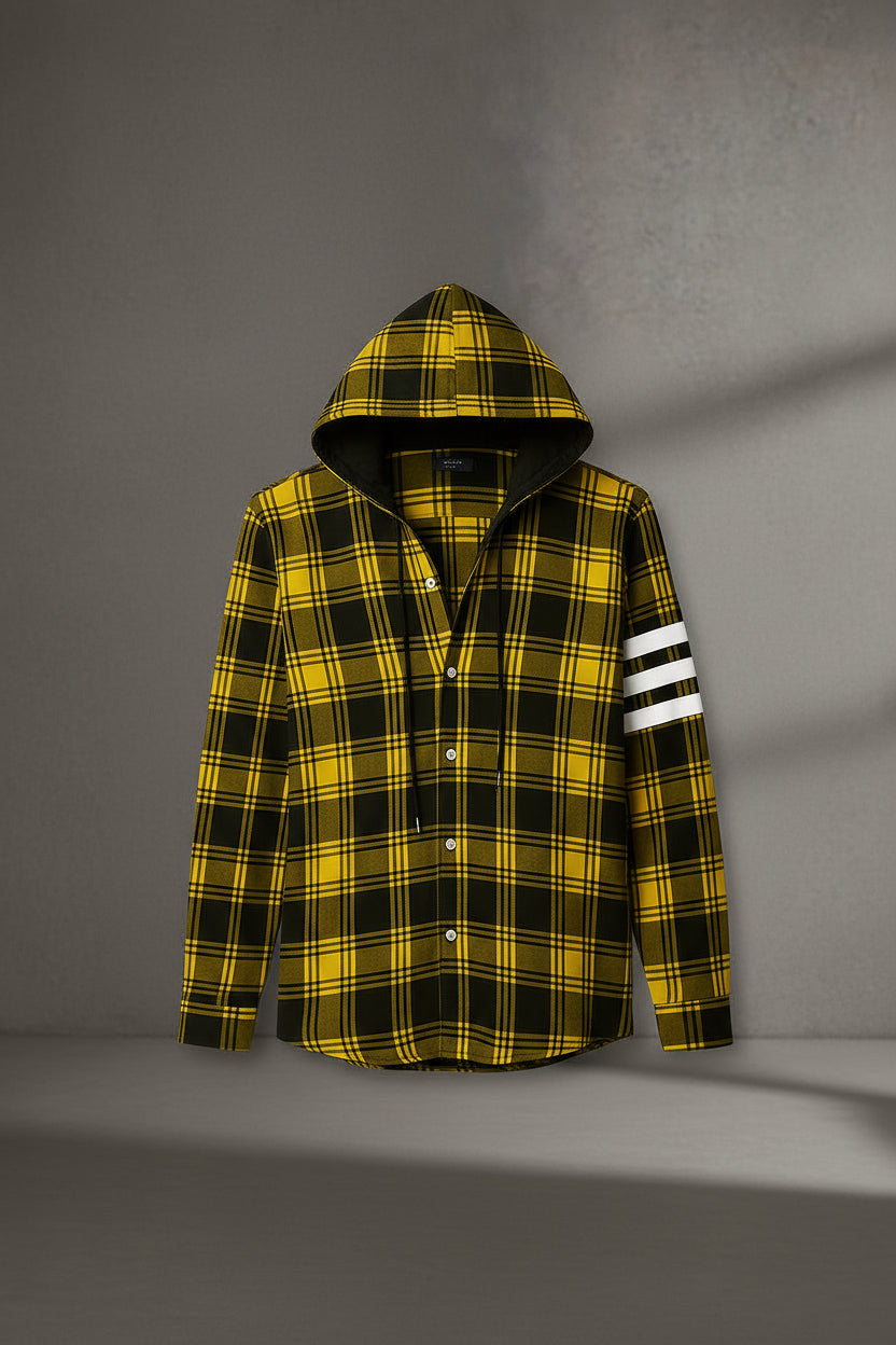 Men’s Hooded Plaid Flannel Shacket | White Stripe Sleeve Detail | Yellow Red & Pink | Sizes S–XXL | MH