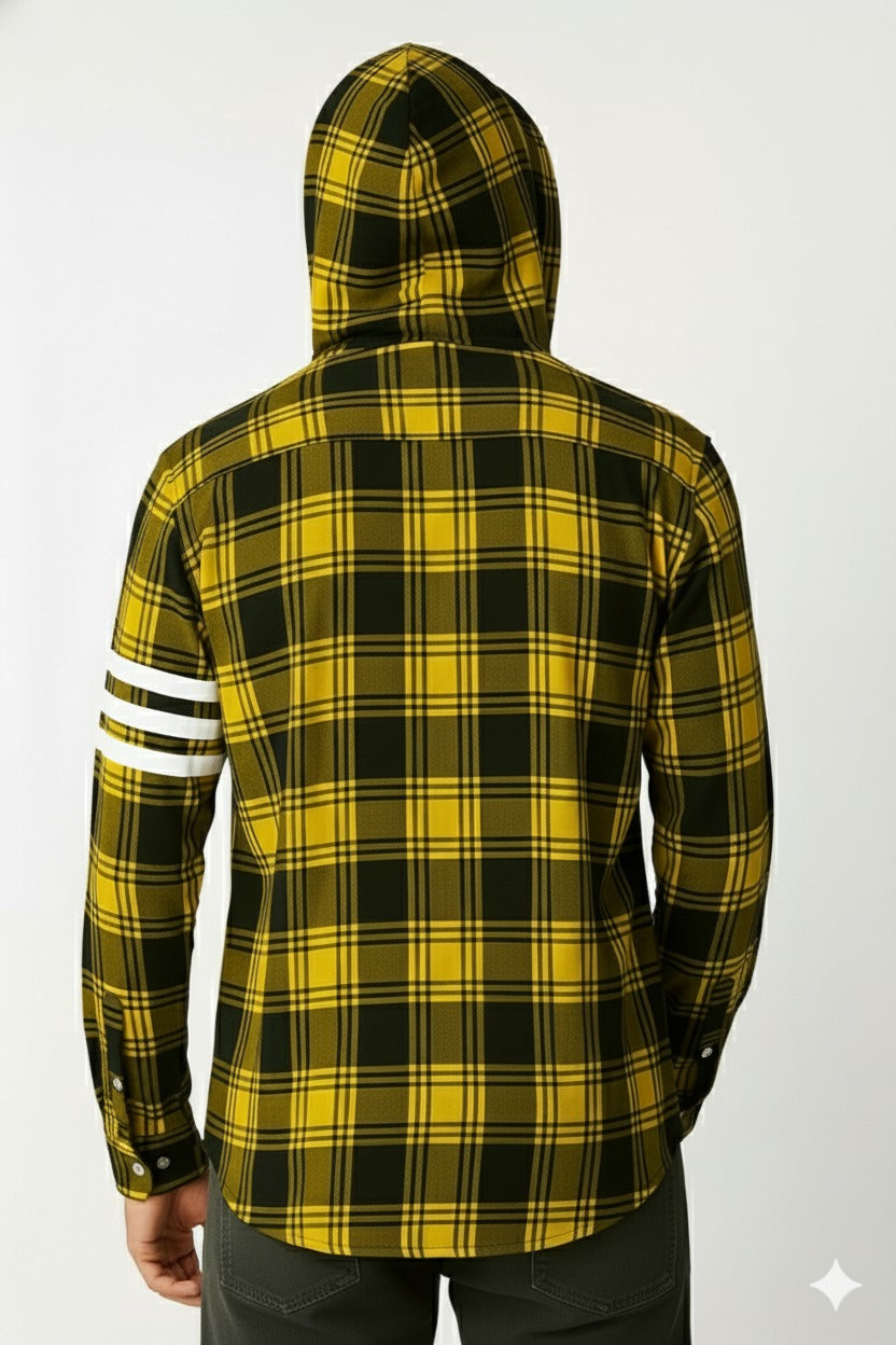 Men's Plaid 3 Line Cotton Hoodie Shirt | MH